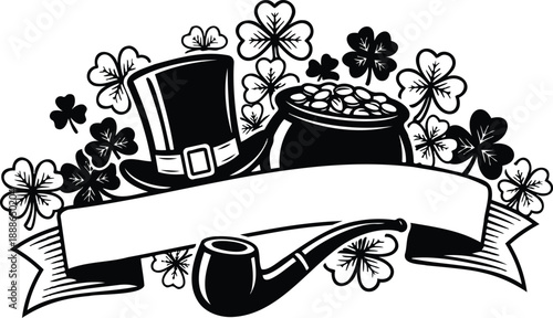 Tattoo flash leprechaun hat and smoking pipe with pot of gold and shamrock wreath banner showing blank ribbon space for saint patricks day black line art