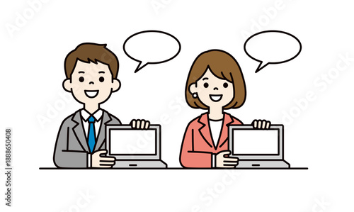 パソコンの画面を見せて商談する、スーツを着た男女の会社員の上半身ベクターイラスト素材セット