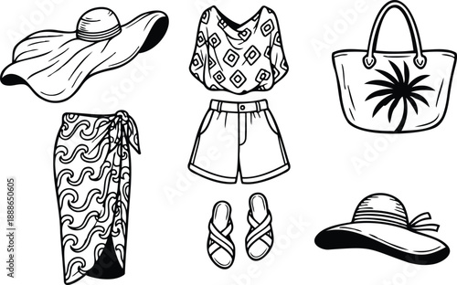 Hand drawn line art beachwear flat vector set with wide brim hat pareo patterned top shorts tote bag and sandals front view minimal composition black outline