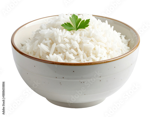 Fluffy white rice in a speckled bowl, garnished with a fresh green herb