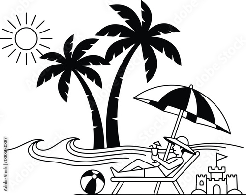 Line art close up woman reclining on lounge chair under striped umbrella holding cocktail by palm trees and waves in bright sun wearing sun hat sunglasses