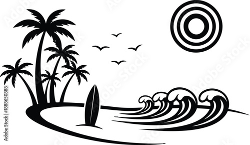 Silhouette beach vector showing palm trees surfboard and rolling waves with circular sun and birds in sky minimalist black design calm vibe vector logo emblem graphic