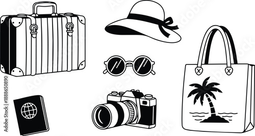 Minimalist line art travel icons set vintage suitcase camera passport sun hat sunglasses beach tote arranged flat composition for summer vacation packing scene lifestyle editorial iconography