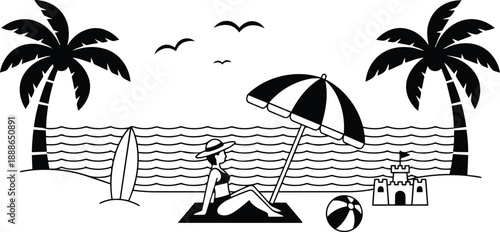 Flat design black and white beach scene woman reclining under umbrella on towel with palm trees surfboard sandcastle and seagulls midday calm