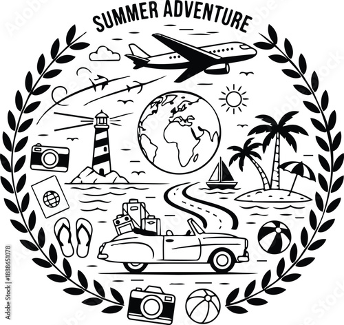 Line art badge summer adventure travel emblem with convertible car and packed luggage driving along coastal road past palm trees lighthouse airplane globe camera beach