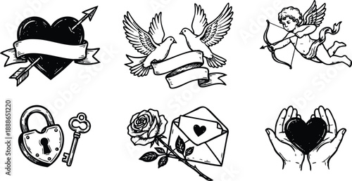 Vintage tattoo flash love icons set close up heart arrow dove cupid aiming bow lock and key rose envelope hands holding heart black ink vector art