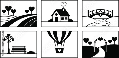 Flat design romantic park icon set six panels showing heart trees house bridge bench hot air balloon wedding arch in silhouette with simple lines valentines day