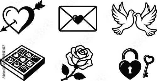 Flat vector icon set close up six valentine symbols including pierced heart love letter kissing doves chocolate box rose padlock and key simple black line art