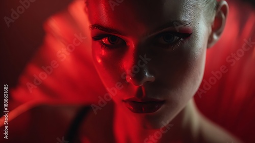 Intense portrait features dramatic illumination across a woman's face and surroundings