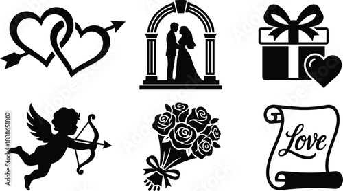 Flat design black silhouette wedding and valentines icon set six symbols cupid bouquet gift hearts bride and groom arch love scroll arrow pierced hearts ribbon bow