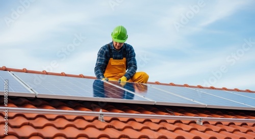 Wallpaper Mural Worker installing solar panels on a rooftop under bright daylight, focusing on renewable energy solutions Torontodigital.ca