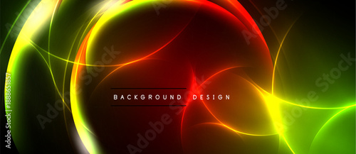 Vibrant abstract design features flowing curves, red, yellow, green hues. Dark background enhances luminosity, creating dynamic visual impact.
