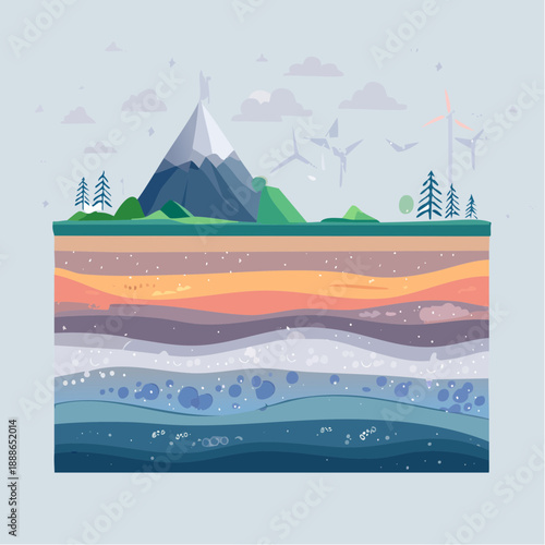 Cross section of Earth with Mountain, Wind Turbines, and Layers