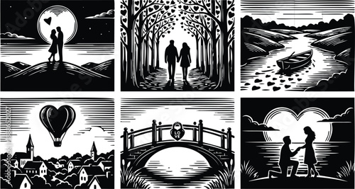 Woodcut style six panel montage of silhouetted couples walking holding hands kissing and proposing by bridge boat moon and village under heart shaped sky evening romantic