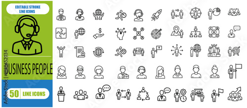 BUSINESS PEOPLE ICON SET. CONTAINING TEAMWORK, LEADERSHIP, COMMUNICATION, MENTORSHIP, HR MANAGEMENT, INNOVATION, SKILL DEVELOPMENT, EMPLOYEE, AND MORE. EDITABLE STROKE. VECTOR ILLUSTRATION