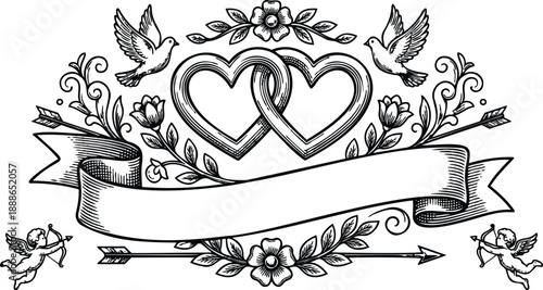 Victorian engraving vector banner with interlocking hearts and doves cupids floral ornament centered blank ribbon space ornate romantic wedding emblem hand drawn black line art vintage