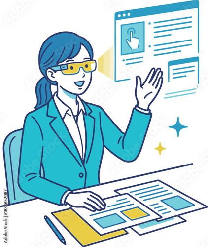 Businesswoman Using Smart Glasses to Learn Work Instructions with Augmented Reality