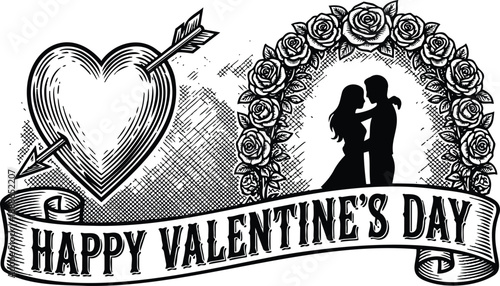 Tattoo flash vintage romantic banner with heart pierced by arrow and rose wreath framing couple silhouette dancing close looking at each other retro engraving black white