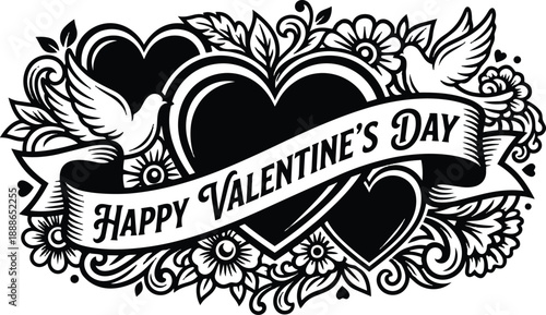 Tattoo flash ornate heart banner with two doves and floral filigree ribbon reading happy valentines day close up vintage black and white vector emblem centered silhouette