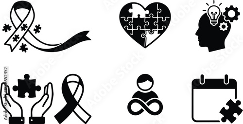 Flat design autism awareness icon set showing puzzle ribbon hands heart brain profile calendar meditative infinity figure in simple black silhouette minimal vector web print social