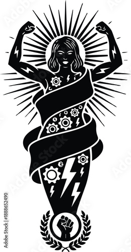 Tattoo flash bold silhouette strong woman flexing arms wrapped in ribbon with gears lightning and laurel fist emblem looking forward sunburst empowerment