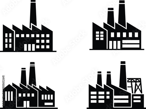 Industrial factory building icons and silhouettes with smokestacks isolated on white background manufacturing industry vector illustration set