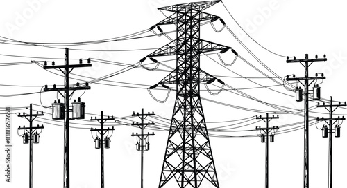 High voltage transmission tower with utility poles and overhead power lines silhouette isolated on white background electrical infrastructure illustration