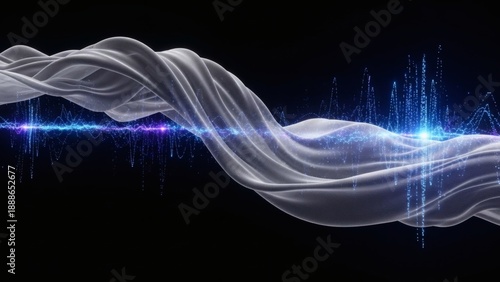 Abstract silver wavy lines with blue glow.