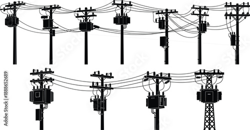 Electric utility pole and transformer silhouettes with overhead power lines isolated on white background energy distribution infrastructure illustration