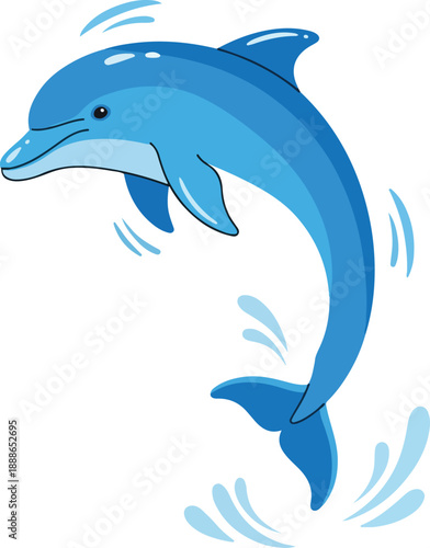 A cute cartoon dolphin jumping out of the water with splashes around it, depicted in a playful blue color on a white background. Perfect for children's books, educational materials, and