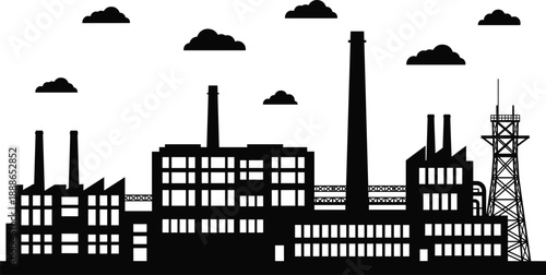 Industrial factory skyline silhouette with smokestacks, power plant buildings, manufacturing complex, urban industry landscape illustration isolated on white background