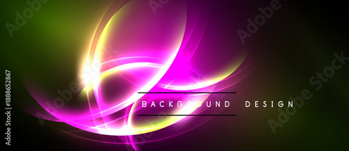 Vibrant neon curves create abstract background. Colors blend, forming dynamic light effects. Design features bold text overlay.