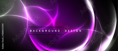 Abstract purple design features flowing light curves, gradients. Text reads background design centered within luminous shapes. Dark backdrop enhances vibrancy.