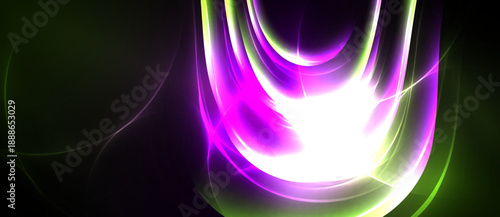 Abstract light curves radiate, blending vibrant green, purple, white. Dynamic energy flows across dark background. Smooth gradients create depth.