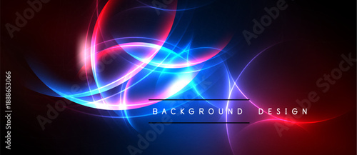 Abstract neon lights create dynamic curves, vibrant colors. Background features red, blue hues, modern design elements.