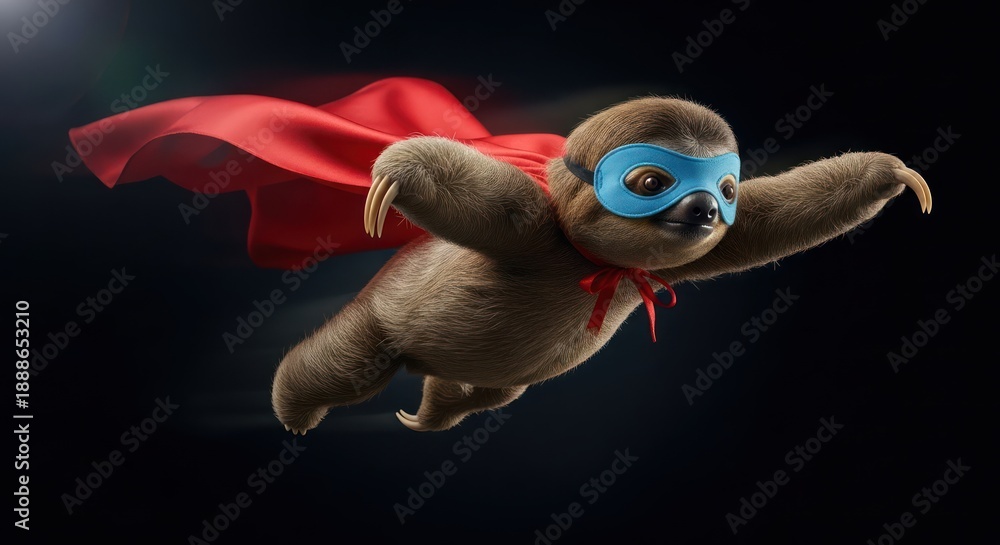 Fototapeta premium Whimsical depiction of a superheroic sloth soaring with determination and humor