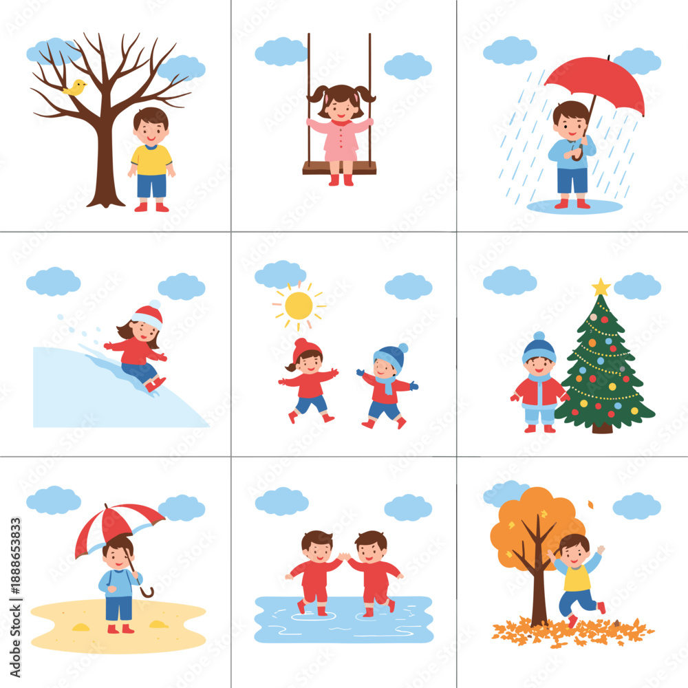 Fototapeta premium Children seasons activities cartoon vector set showing spring, summer, autumn and winter outdoor scenes
