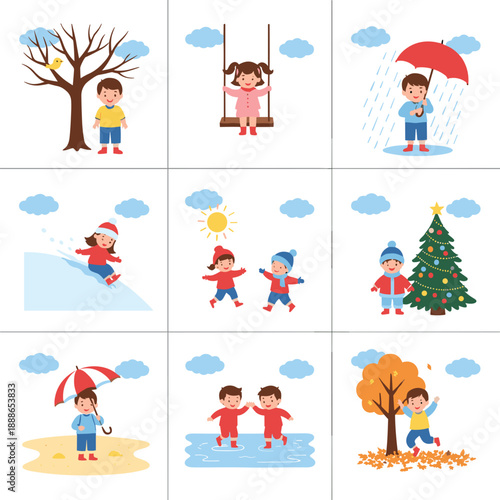 Children seasons activities cartoon vector set showing spring, summer, autumn and winter outdoor scenes