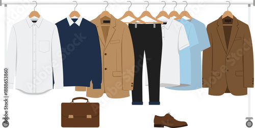 Men wardrobe clothing vector set with business casual outfits, shirts, jackets, pants and accessories