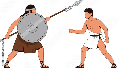 Ancient warrior combat vector illustration showing historical fighters with shield, spear and hand to hand battle