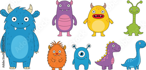 Cute monster cartoon character vector set with colorful friendly fantasy creatures and playful expressions