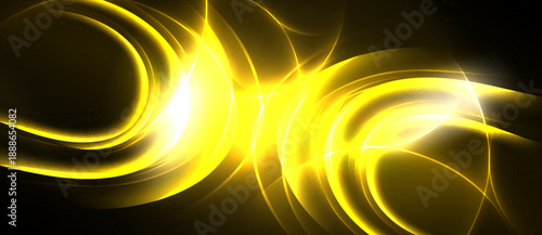 Bright yellow swirls radiate from center. Dark background emphasizes luminous curves, creating dynamic visual effect.