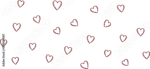 A pattern of small hand drawn hearts in pink and black on a white background