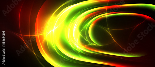 Bright abstract lines swirl, blending vibrant green, yellow, red hues against dark background. Dynamic energy radiates from central point.