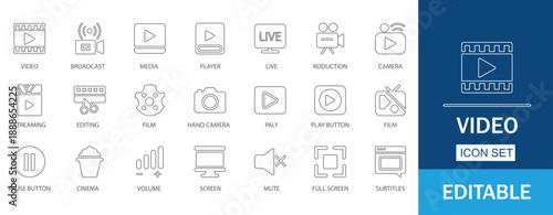Video Production Cinema Media Player Vector line Icon Set. Editable linear vector illustration.