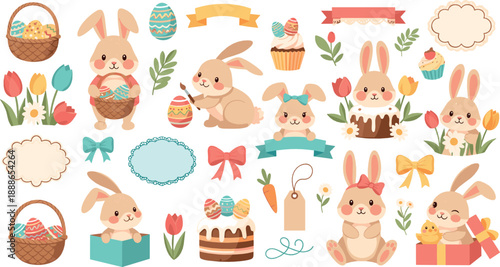 Cute Easter bunny vector set with pastel eggs, cakes, flowers, gift boxes, ribbons, baskets, and adorable rabbits for spring holiday designs