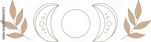 Minimal triple moon symbol vector with botanical leaves, sacred feminine lunar phases, modern boho witchcraft and spiritual line art design