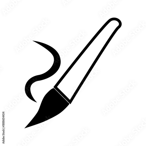 Black and white icon of a paintbrush with a curved stroke, symbolizing art and creativity.