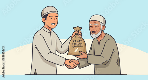 Flat vector illustration of muslim man giving rice sack for Zakat Fitrah to elderly person.