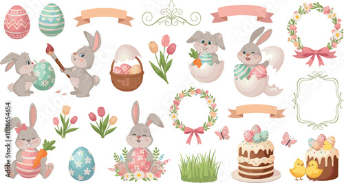Cute Easter bunny vector set with pastel eggs, spring flowers, wreaths, cakes, baskets, chicks, ribbons, and adorable rabbits